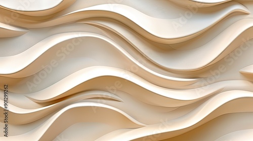 Fototapeta Naklejka Na Ścianę i Meble -  Beige 3D wall panel with wavy pattern, pearl light brown texture, abstract art structure, macro view, decorative interior backdrop.