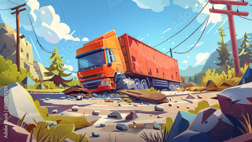 Road Accident Involving Container Lorry in Ditch Cartoon Environment Adventure Mobile Game Traffic Incident Emergency Scene Illustration Transportation Mishap Highway Collision