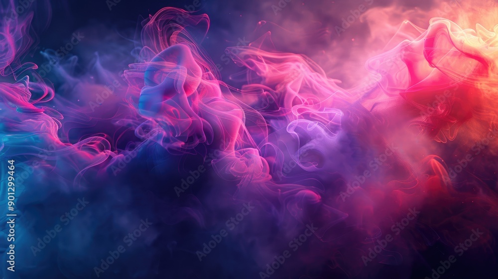 Obraz premium Bright colorful smoke on a dark background, forming dynamic patterns and creating a captivating visual effect.