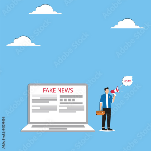 Businessman using megaphone conveying fake news or hoax on computer laptop, hoax or fake news illustration, misleading information from social media that creates misunderstandings