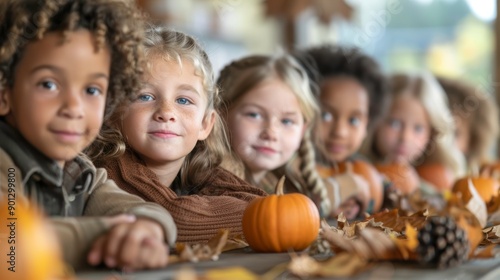 A group of diverse children smile while holding pumpkins at a fall festival.