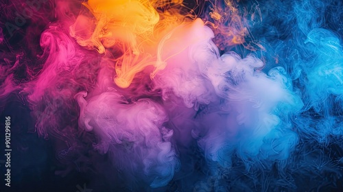 Burning pink, yellow, and blue smoky neon background with white powder and purple smoke, creating a vibrant and dynamic abstract scene.