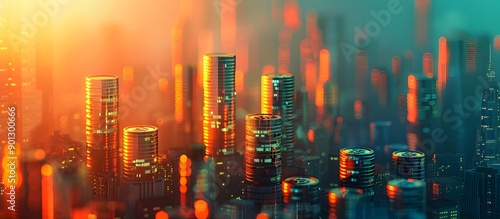 Skyscrapers Rising from Stacked Coins in Vibrant City Skyline Financial Growth Concept