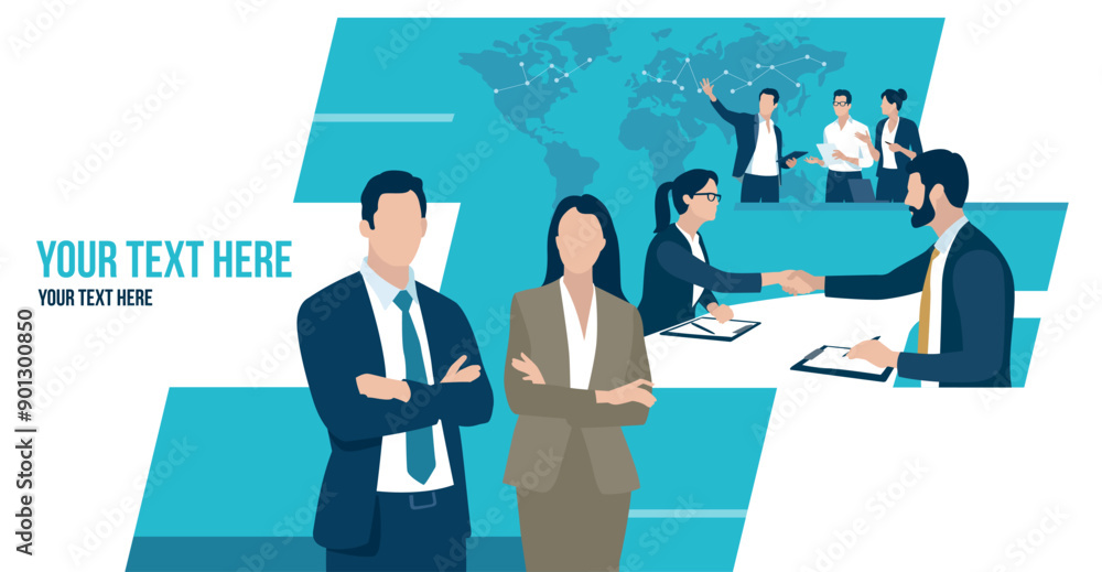 Business vector illustration template with copy space. Global trade, investment. International business. Business team in front of the world map. Business vector illustration template with copy space. Global trade, investment. International business. Business team in front of the world map.