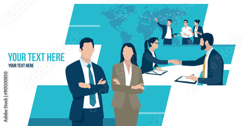 Business vector illustration template with copy space. Global trade, investment. International business. Business team in front of the world map. 