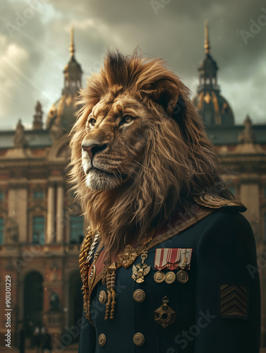 A fierce lion wearing a military uniform with medals and badges standing in front of a grand palace photo