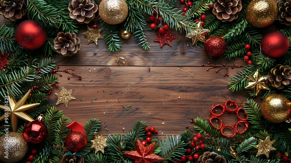 Pine tree branch frame with Christmas toys on green background. Christmas background Pine tree branch frame with Christmas toys on green background. Christmas background