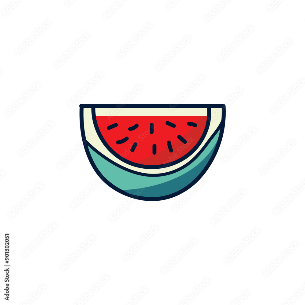 Obraz premium Watermelon slice icon, logo vector design illustration. red watermelon slice with black seeds and green rind.