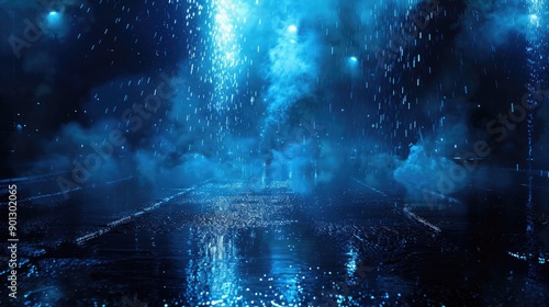 Wallpaper Mural Dark street with wet asphalt reflecting rays of light in water, abstract dark blue background with smoke, neon lights, and spotlights. Torontodigital.ca