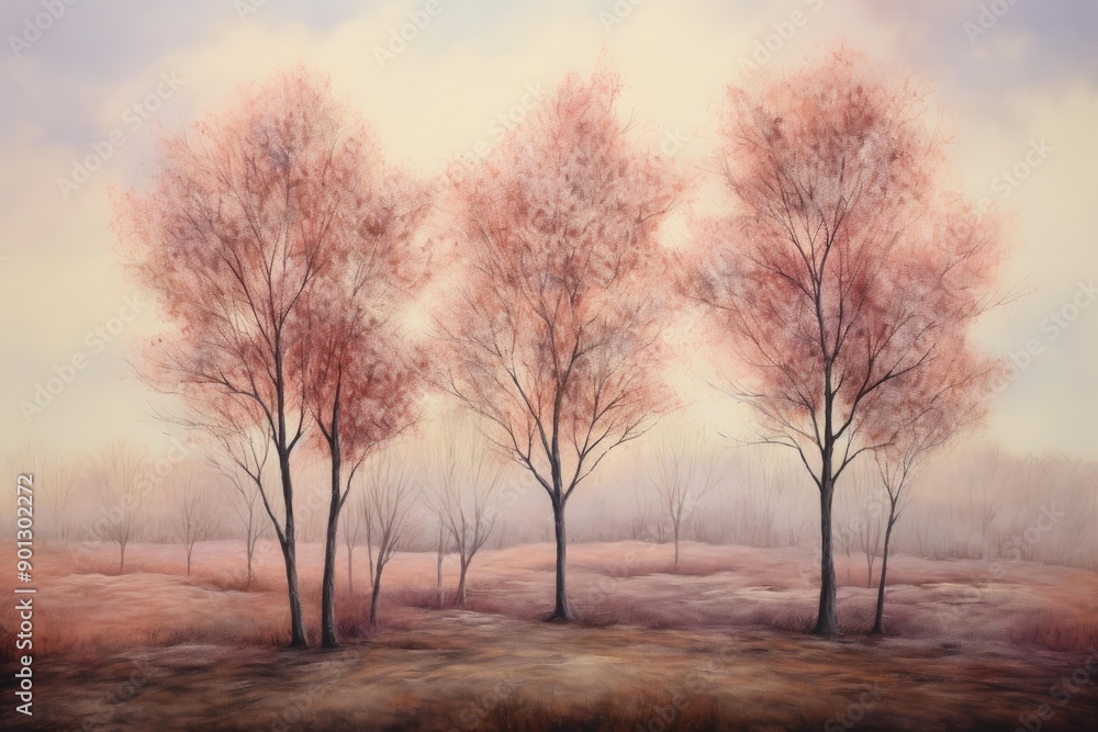 Artistic rendering of a serene autumn landscape with softly colored trees in a misty setting Artistic rendering of a serene autumn landscape with softly colored trees in a misty setting