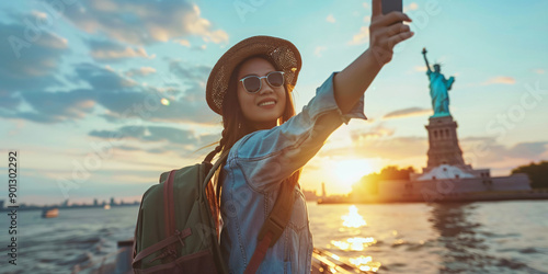 asian woman. A young woman in a straw hat and sunglasses takes a selfie with the Statue of Liberty in the background at sunset.