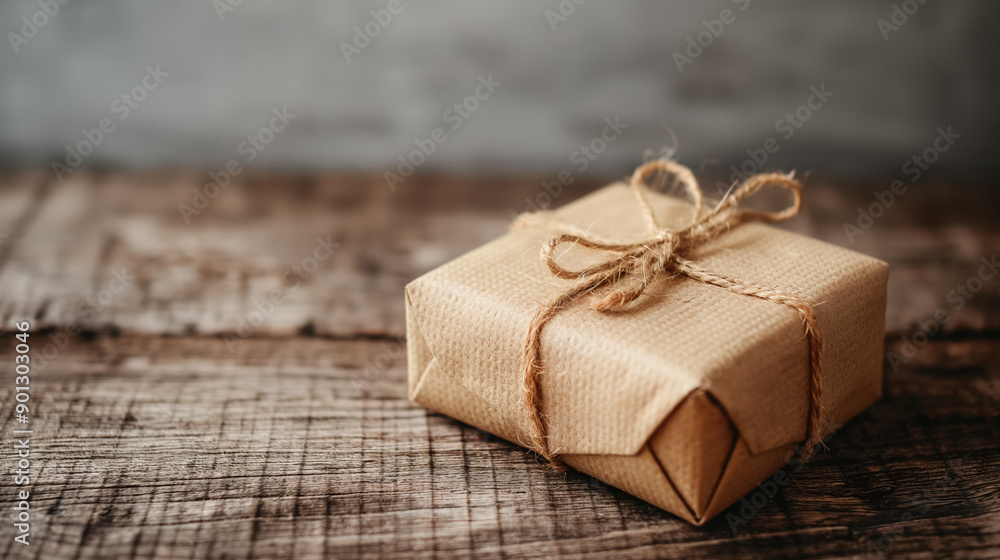 Small gift wrapped in brown paper and tied with twine, placed on a rustic wooden surface, evoking a sense of simplicity and handmade charm. Small gift wrapped in brown paper and tied with twine, placed on a rustic wooden surface, evoking a sense of simplicity and handmade charm.
