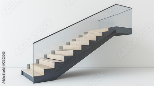 A modern  minimalist staircase with glass railings  concrete base  and wooden steps  set against a plain white background for a sleek  contemporary design.