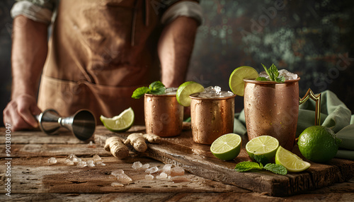 Moscow mule cocktails in copper mug with lime, ice, ginger beer, vodka and mint. Wooden background, bar tools, negative space photo