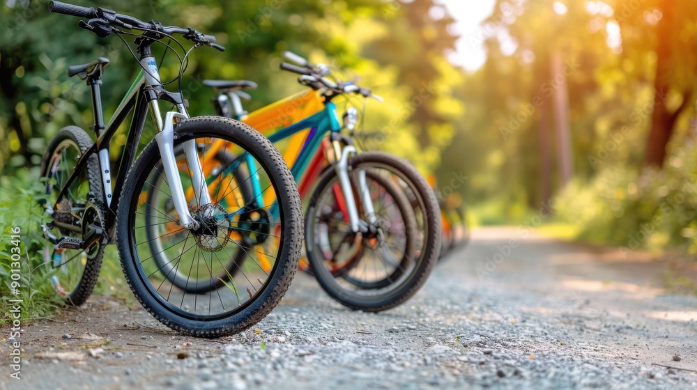 Fototapeta premium Multiple colorful bicycles are parked on a gravel path in a forest, taking a rest during a ride. The image highlights bicycles in nature and the serene forest environment.