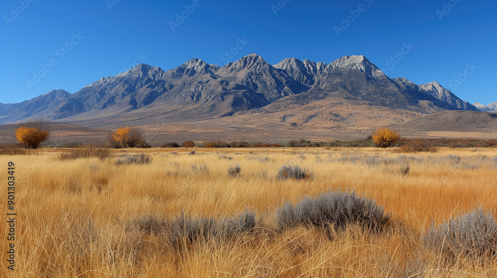Golden grassy field with mountains in the background under a clear blue sky, creating a serene and picturesque landscape scene.