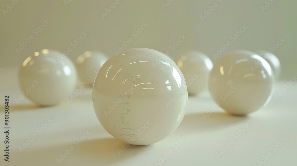 Shiny white spheres are arranged on a smooth surface with a blurred background, creating a minimalistic and modern abstract composition. Shiny white spheres are arranged on a smooth surface with a blurred background, creating a minimalistic and modern abstract composition.