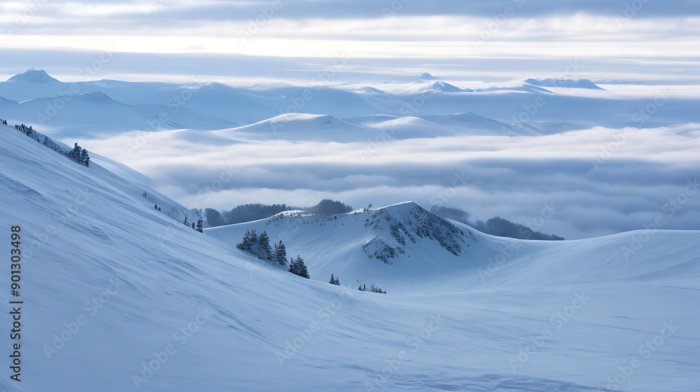 Rolling, snowy hills bask under the gentle warmth of the sun, creating a bright winter landscape,A tranquil, snow-covered lake is encircled by a dense forest of snow-laden trees Rolling, snowy hills bask under the gentle warmth of the sun, creating a bright winter landscape,A tranquil, snow-covered lake is encircled by a dense forest of snow-laden trees