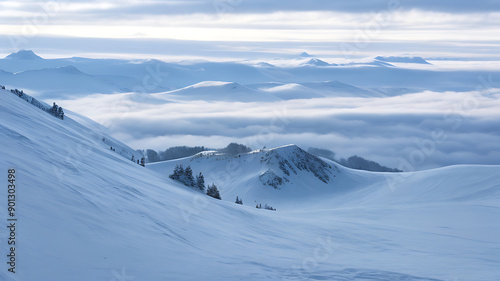 Rolling, snowy hills bask under the gentle warmth of the sun, creating a bright winter landscape,A tranquil, snow-covered lake is encircled by a dense forest of snow-laden trees