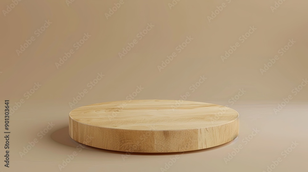 Elegant round wooden podium on a beige background, ready for product presentation, with clear copy space. Elegant round wooden podium on a beige background, ready for product presentation, with clear copy space.