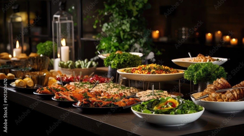 Obraz premium Catering buffet food on a long table in a hotel restaurant