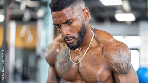 A muscular man is intensely working out in the gym, with sweat glistening on his shoulders and tattoos visible, capturing the essence of strength, dedication, and physical fitness.