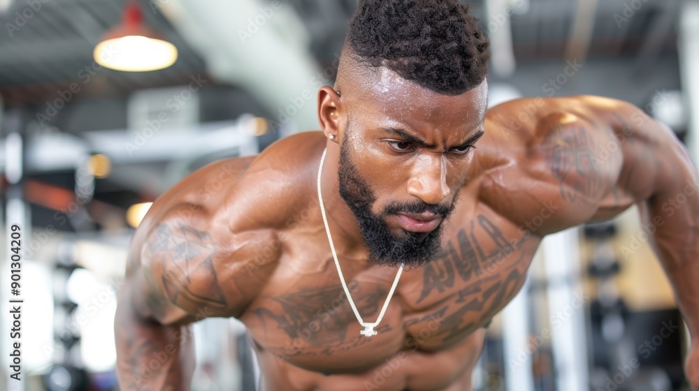 Fototapeta premium A heavily tattooed, muscular man performing push-ups in the gym, showcasing his physique and strength. The gym background and workout equipment create a fitness atmosphere.