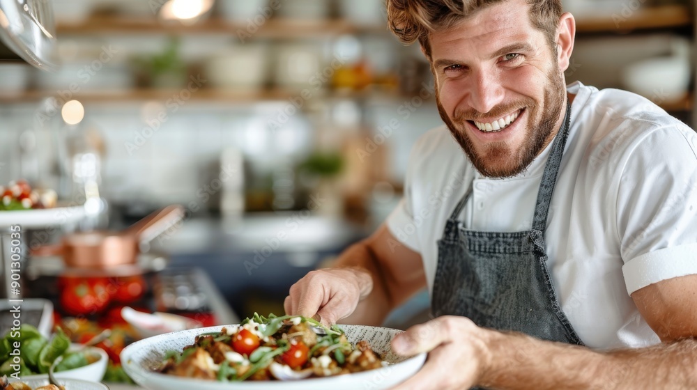 A happy chef wearing a striped apron presents a dish in a bright modern kitchen, smiling widely to express his joy and pride in his cooking and culinary achievements. A happy chef wearing a striped apron presents a dish in a bright modern kitchen, smiling widely to express his joy and pride in his cooking and culinary achievements.
