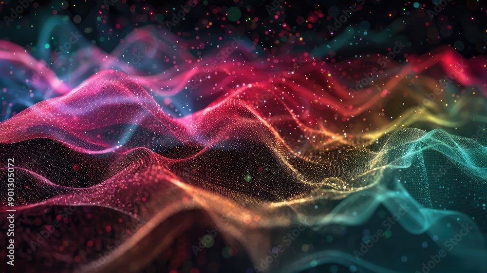 Gradient hologram with dynamic wave of particles, abstract digital technology background, colorful and futuristic. Gradient hologram with dynamic wave of particles, abstract digital technology background, colorful and futuristic.