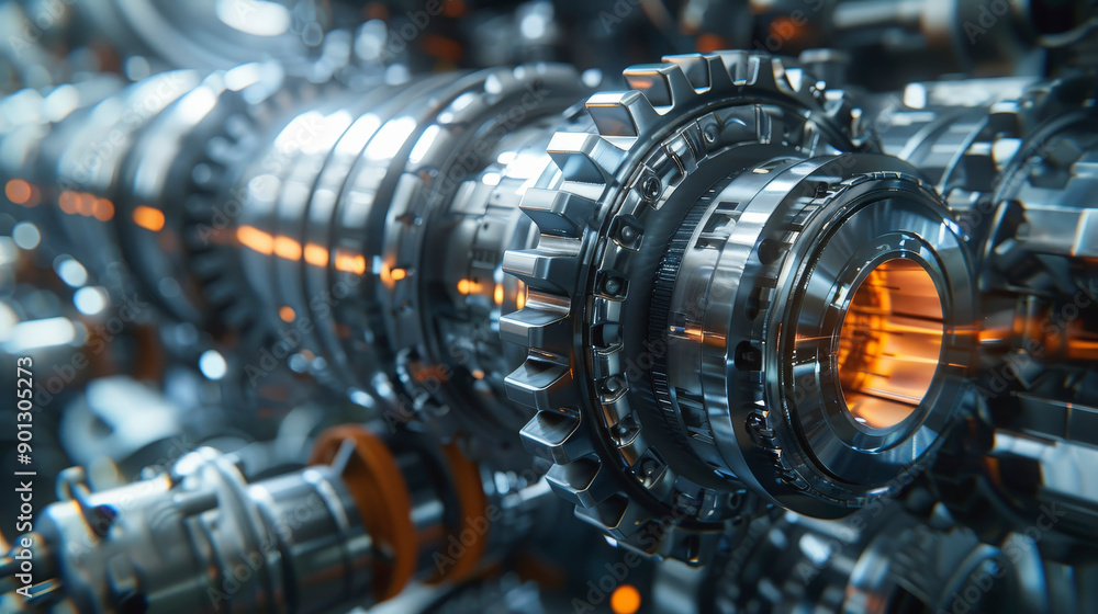 Close-up of complex, futuristic machinery with intricate gears and metallic components, emitting a glowing orange light, suggesting advanced engineering and technology in a high-tech environment. Close-up of complex, futuristic machinery with intricate gears and metallic components, emitting a glowing orange light, suggesting advanced engineering and technology in a high-tech environment.