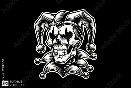 Black and white scary clown head vector illustration design
