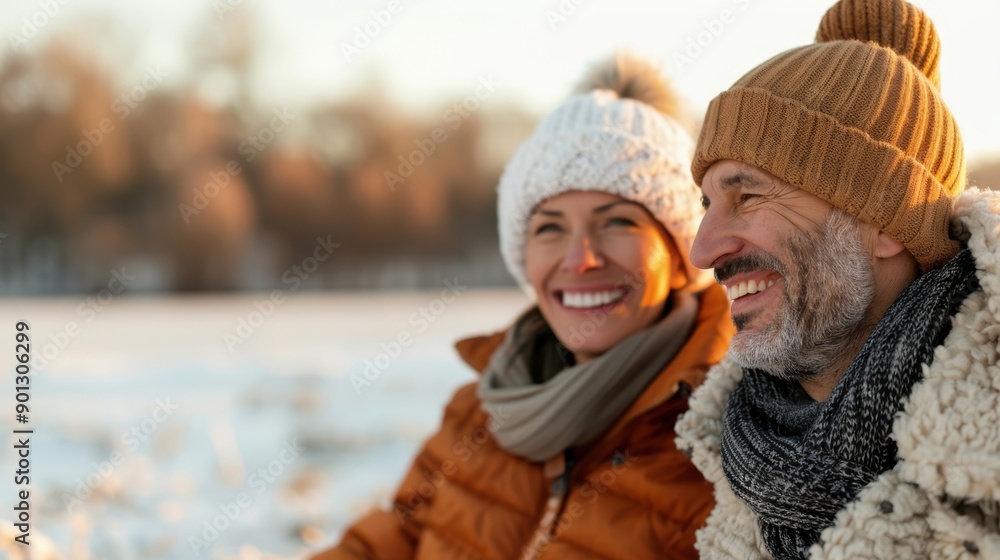 Fototapeta premium A joyful couple laughs together while admiring a snowy landscape at sunset, wrapped up in warm winter clothing, capturing the golden light and the beauty of the winter scenery.