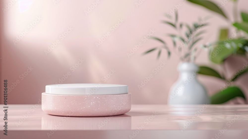 A pink podium with a glitter finish showcases a cosmetic product. A pink podium with a glitter finish showcases a cosmetic product.