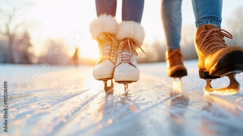 Two individuals ice skating together, one with ice skates and another with boots, depicting fun and enjoyment during a winter day at an icy surface outdoors. photo