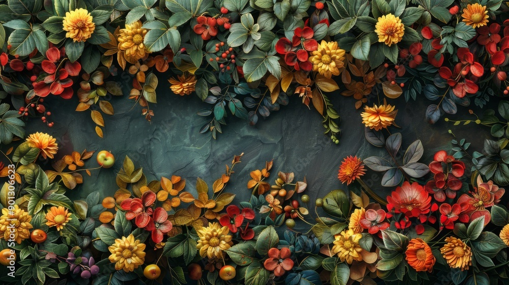 Fototapeta premium Autumnal Floral Border with Greenery and Apples
