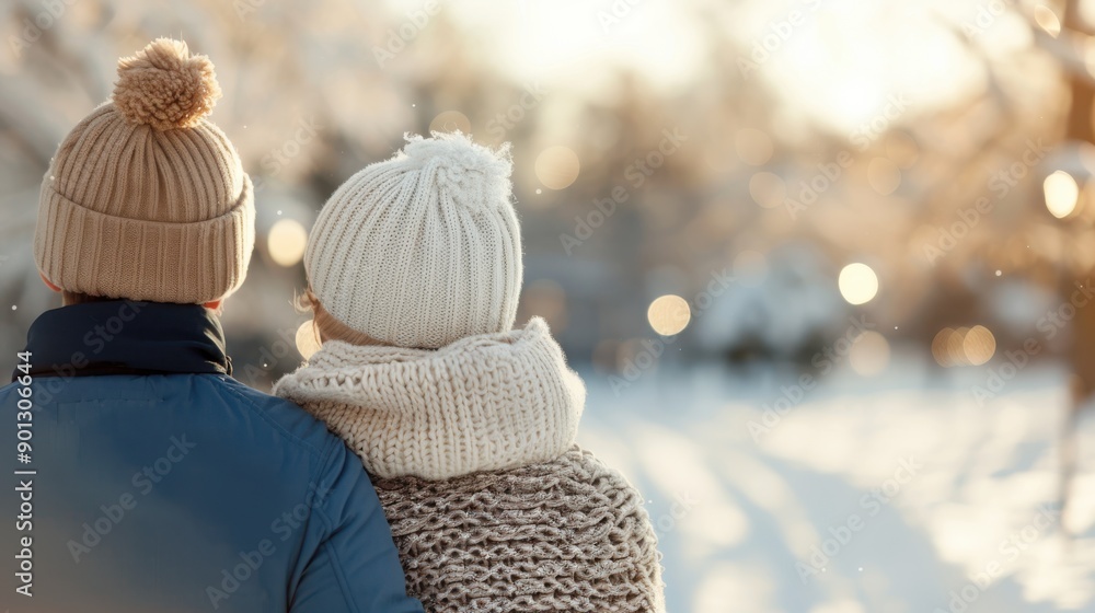 A couple dressed in warm winter attire is seen enjoying a cozy and romantic walk through a snow-covered landscape, highlighting the peacefulness of wintertime. A couple dressed in warm winter attire is seen enjoying a cozy and romantic walk through a snow-covered landscape, highlighting the peacefulness of wintertime.
