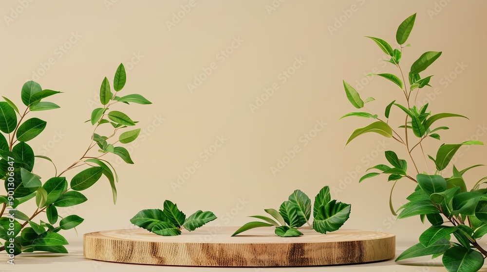 Neutral beige background with green leaves and wood slice podium, creating a minimal modern scene for product promotion. Neutral beige background with green leaves and wood slice podium, creating a minimal modern scene for product promotion.