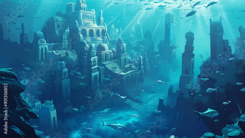 Submerged City of Atlantis Swarms Fish Swimming Cartoon Environment Adventure Mobile Game Underwater Exploration Illustration Lost Civilization Mythical Scene Sunken Ruins Folklore
