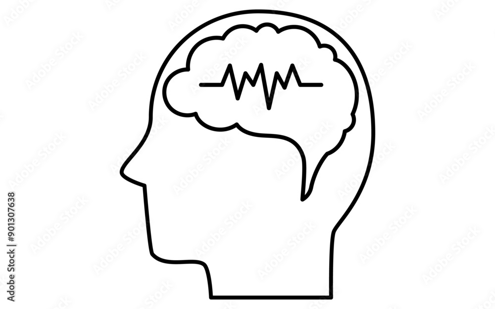Human profile icon, brain activity, brain waves Human profile icon, brain activity, brain waves