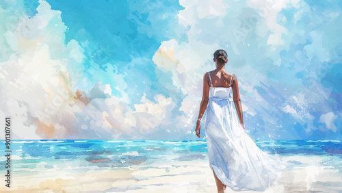 Swarthy Skinned Goddess White Dress Walking Beach Watercolor Illustration Background Sea Shore Summer Vacation Tropical Scene Tranquil Ocean Waves