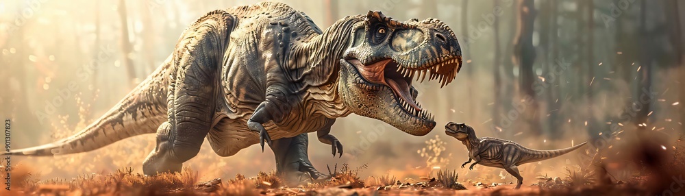Fototapeta premium A dramatic scene of a large dinosaur interacting with a smaller one in a prehistoric forest, capturing the essence of ancient life.