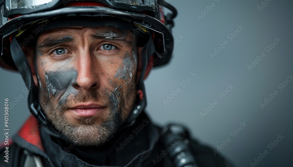 Obraz premium Dramatic portrait of a firefighter in full gear, with soot-streaked face, embodying the courage and resilience of the profession