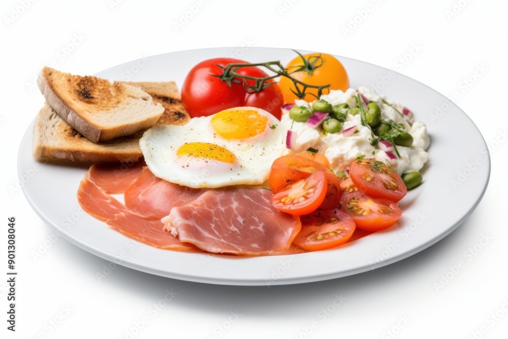 Hearty breakfast plate featuring fried eggs, smoked ham, toasted bread, tomatoes, and cottage cheese Hearty breakfast plate featuring fried eggs, smoked ham, toasted bread, tomatoes, and cottage cheese