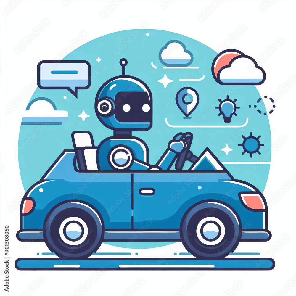 Naklejka premium Robot drives car. Concept of controlling vehicle with artificial intelligence