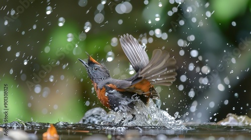 Red-Tailed Laughingthrushes (Trochalopteron milnei) Splashing Water in Their Natural Habitat in China, Capturing the Playful Behavior of These Colorful Birds photo