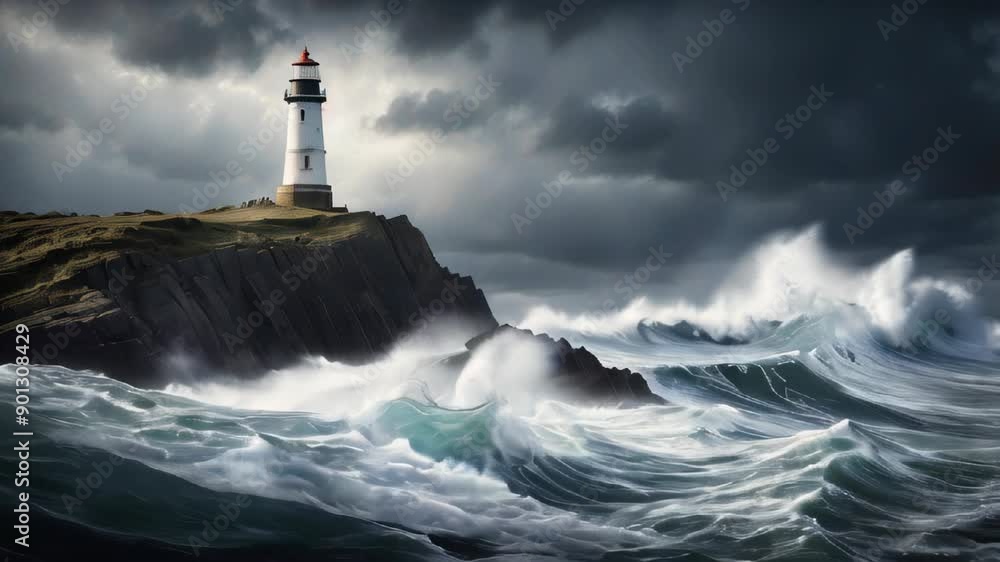 A lighthouse on a rocky cliff and a stormy ocean with crashing waves A lighthouse on a rocky cliff and a stormy ocean with crashing waves