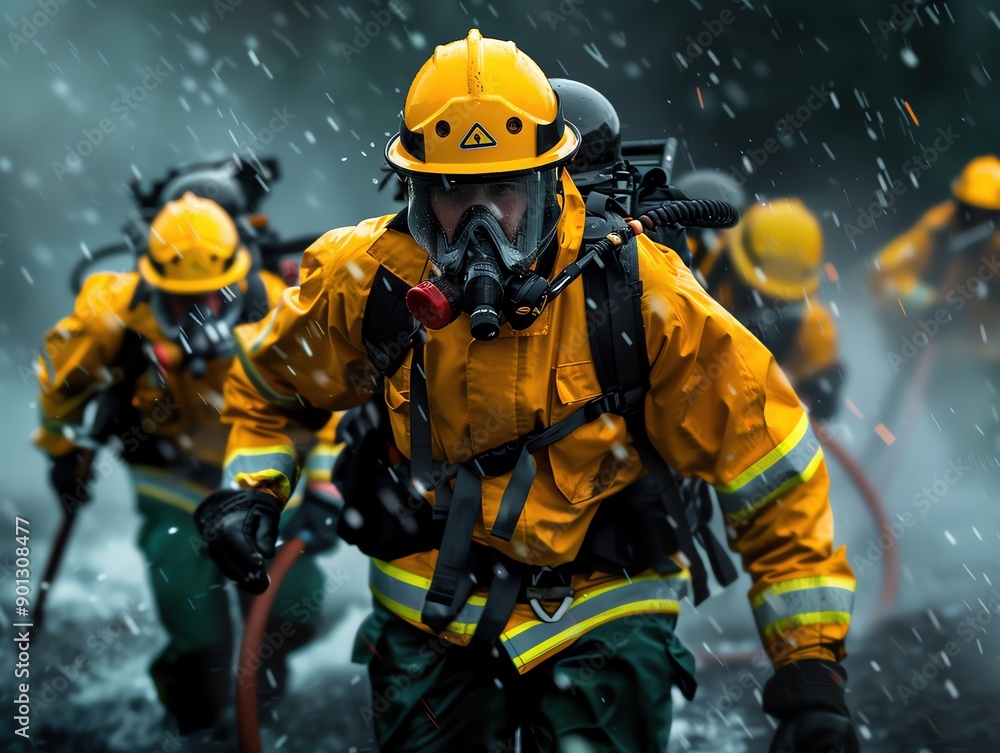 Fototapeta premium Dramatic portrait of firefighters working tirelessly during a natural disaster, embodying their unwavering commitment to protecting lives
