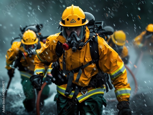 Dramatic portrait of firefighters working tirelessly during a natural disaster, embodying their unwavering commitment to protecting lives photo