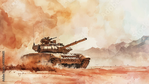 Tank Driving Across Desert Watercolor Illustration Background Military Vehicle Army Armored Vehicle Sand Dunes Arid Landscape War Zone