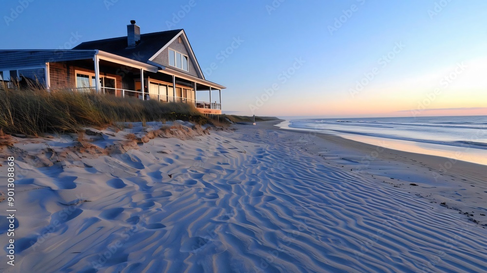 A serene beach house at sunset, surrounded by sandy shores and gentle waves, perfect for relaxation and escape.